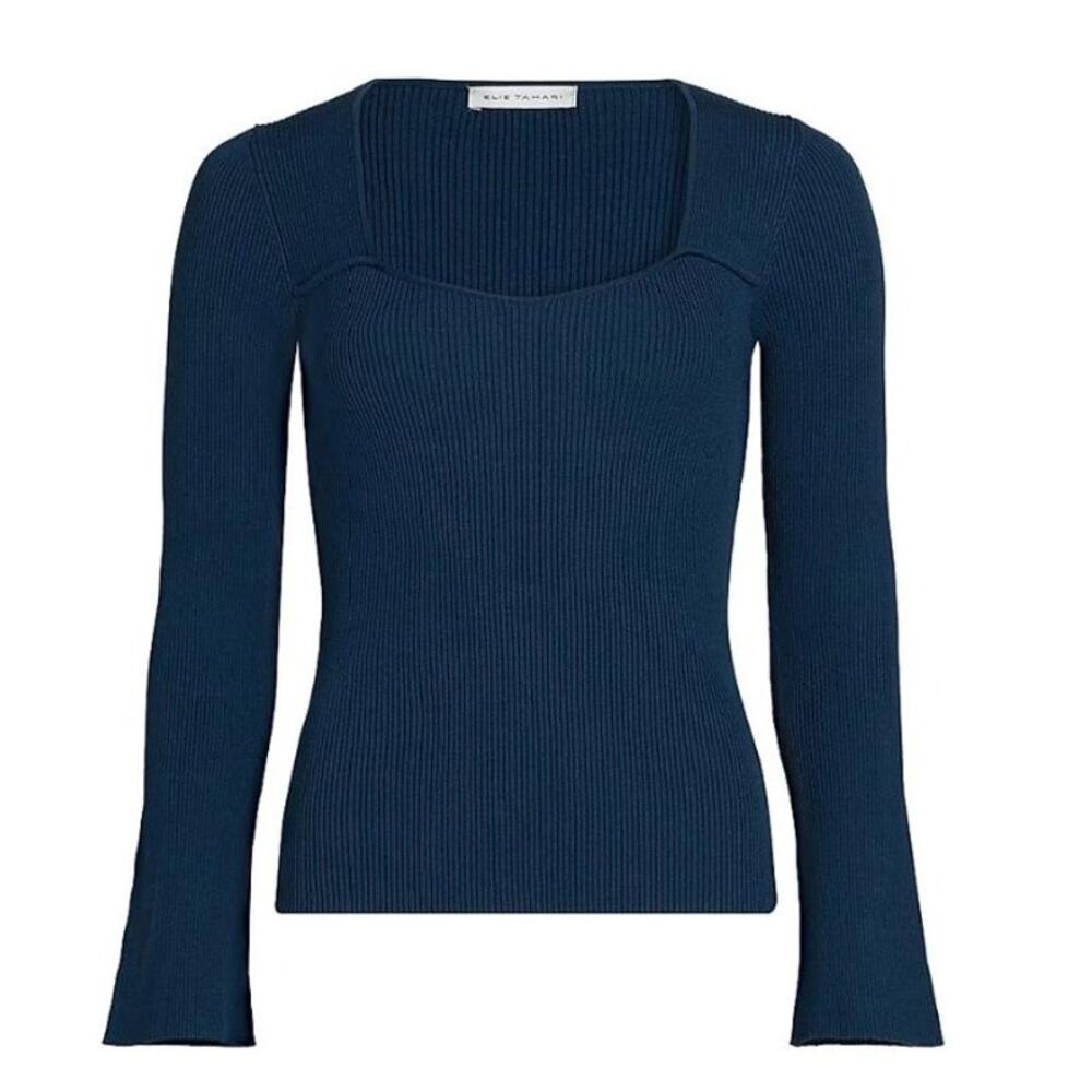 ELIE TAHARI blue black Sydney ribbed knit long sleeve sweetheart stretch top